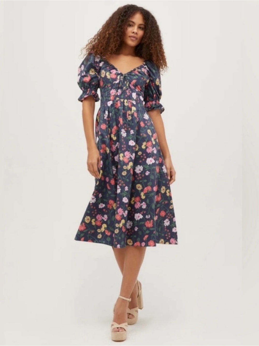 HILL HOUSE The Ophelia Dress Navy Blue Peony Bouquet Floral Puff Sleeve Midi M